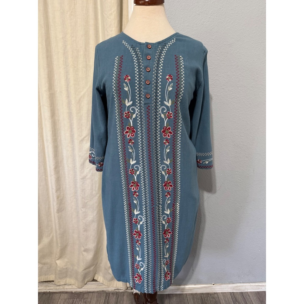 Hidden Alley‎ Blue Linen Blend Dress Size S Floral Embroidered Henley Shift Boho